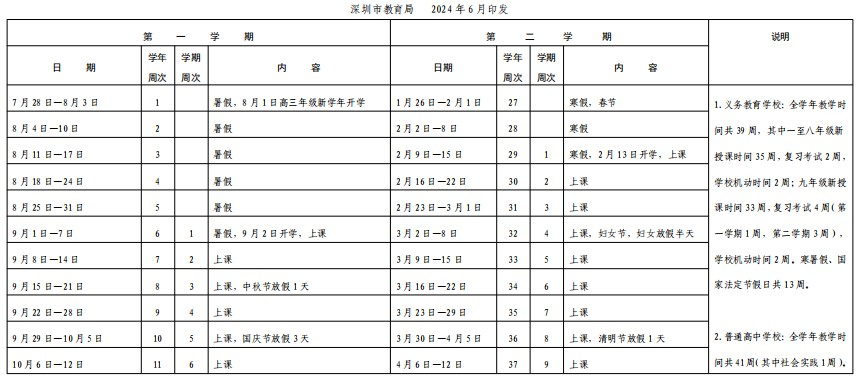 深圳市2024-2025學(xué)年普通中小學(xué)校校歷